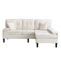 Divano angolare a L in chenille, pouf mobile, cuscini inclusi, 195x149x86 cm, Beige chiaro(m-2)