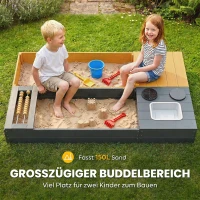 AIYAPLAY Sandkasten 2-teilig 150x90cm Holz Sandkiste mit Sitzbank Stauraum Herd herausnehmbarem Waschbecken Abakusperlen Gelb(m-7)