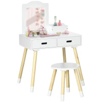 ZONEKIZ Set Toeletta per Bambini con Tavolo Trucco e Sgabello, Specchio e 2 Cassetti, Bianco e Colore Legno(m-11)