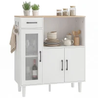 HOMCOM Sideboard Küchenschrank mit Schublade, 2 Schränken, Offenem Fach, geriffelter Acrylglastür 80 x 34 x 91 cm Weiß+Eiche(m-11)