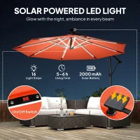 Outsunny 3 m Garden Cantilever Parasol with LED Solar Light, Round Overhanging Umbrella with 360° Rotation, Cover, Orange(m-4)