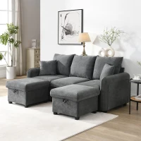 Divano angolare a U, con vano contenitore, pouf incluso, rivestimento in chenille, 188x186x86 cm, Grigio scuro(m-1)