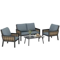 Outsunny 4 Seater Rattan Garden Furniture Set with 2 Armchairs, Loveseat, Coffee Table, Garden Sofa Set with Cushions, Grey(m-10)