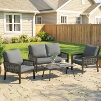 Outsunny 4 Seater Rattan Garden Furniture Set with 2 Armchairs, Loveseat, Coffee Table, Garden Sofa Set with Cushions, Dark Grey(m-2)