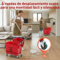 HOMCOM Cubo de Fregar con Escurridor Panel Separador y Ruedas Capacidad 20L para Limpieza Doméstica 45x26,5x70 cm Rojo(m-7)