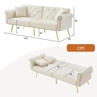 Divano letto 2 posti, rivestimento in velluto, piedi dorati, 173x75x70 cm, Beige(m-3)