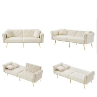 Divano letto 2 posti, rivestimento in velluto, piedi dorati, 173x75x70 cm, Beige(m-7)