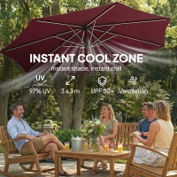 Outsunny 3 m Garden Cantilever Parasol with LED Solar Light, Round Overhanging Umbrella with 360° Rotation, Cover, Wine Red(m-5)