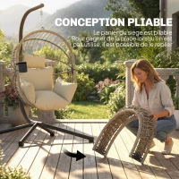 Outsunny Fauteuil Œuf Suspendu, Chaise Hamac Balançoire Intérieur et Extérieur, Panier Pliable, Coussin Rembourré, Kaki(m-5)
