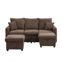 Divano angolare a U, con vano contenitore, pouf incluso, rivestimento in chenille, 188x186x86 cm, Marrone(m-2)