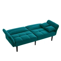 Divano-letto 2-in-1, schienali regolabili, rivestimento in velluto, gambe in legno, 176x78x76 cm, Blu-verde(m-6)