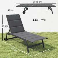 Outsunny Leżak oddychający ogrodowy z 6-stopniową regulacją oparcia, kółkami, aluminiową ramą, ciemnoszary(m-3)
