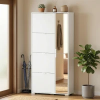 HOMCOM Schuhschrank für 16 Paar, 4 kippbare Fächer, 2 Spiegeltüren, verstellbare Regalböden, weiß(m-6)