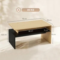 HOMCOM Table Basse Moderne Bicolore à Niveaux Décalés avec Étagère de Rangement, 95 x 55 x 50 cm, Bois Naturel et Noir(m-3)
