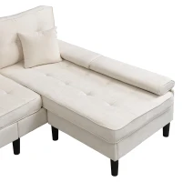 Divano angolare a L in chenille, pouf mobile, cuscini inclusi, 195x149x86 cm, Beige chiaro(m-9)