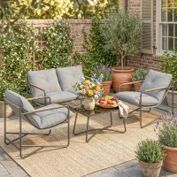 Outsunny Ensemble Jardin 4 Places avec Coussins Épais, Salon en Métal, Gris Clair(m-2)