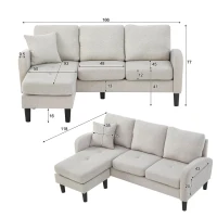 Divano angolare a forma di L con chaise longue, rivestimento in cotone-lino, cuscini inclusi, 166x118x77 cm, Grigio e bianco(m-3)