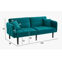 Divano-letto 2-in-1, schienali regolabili, rivestimento in velluto, gambe in legno, 176x78x76 cm, Blu-verde(m-3)