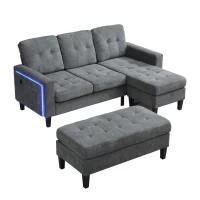 Divano a forma di L, rivestimento in chenille, LED & USB, 185x135x85 cm, Grigio(m-5)