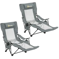 Outsunny Lot de 2 Chaises de Camping Pliante Inclinable 4 Positions, Repose-Pieds Amovible, Porte-Gobelet, 165x80x90cm, Gris(m-12)