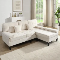 Divano angolare a L in chenille, pouf mobile, cuscini inclusi, 195x149x86 cm, Beige chiaro(m-1)