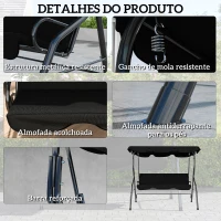 Outsunny Baloiço de Jardim de 2-3 Lugares com Toldo Ajustável Impermeável e Estrutura de Aço para Pátio Varanda 170x110x153 cm Preto(m-5)