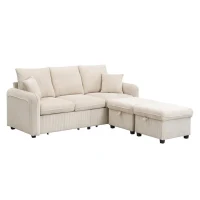 Divano angolare a U, con vano contenitore, pouf incluso, rivestimento in chenille, 188x186x86 cm, Beige(m-6)