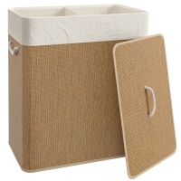 HOMCOM Cesto de Ropa Sucia de Bambú con 2 Compartimentos Asas para Facilitar el Uso y Bolsas Desmontables Lavables 52x32x63 cm