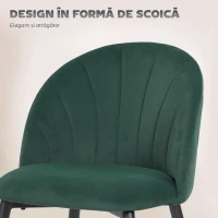 HOMCOM Set de 2 Scaune de Dining din Catifea, Scaune de Bucătărie cu Spătar Curbat în Formă de Scoică, Picioare din Oțel, Stil Nordic, Scaun Tapițat pentru Bucătărie, Dormitor, Sufragerie, Verde Închis(m-4)
