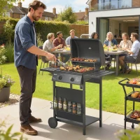 Outsunny Grill gazowy 5 kW, 2 palniki, BBQ Grill ze stali nierdzewnej z bocznymi stolikami, dolną półką, przednią osłoną i emaliowanym rusztem(m-2)