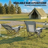 Outsunny Lot de 2 Chaises de Camping Pliante Inclinable 4 Positions, Repose-Pieds Amovible, Porte-Gobelet, 165x80x90cm, Gris(m-5)