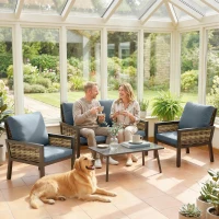 Outsunny 4 Seater Rattan Garden Furniture Set with 2 Armchairs, Loveseat, Coffee Table, Garden Sofa Set with Cushions, Grey(m-9)