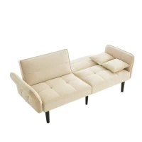 Divano-letto 2-in-1, schienali regolabili, rivestimento in velluto, gambe in legno, 176x78x76 cm, Beige(m-6)