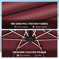 Outsunny 3 m Garden Cantilever Parasol with LED Solar Light, Round Overhanging Umbrella with 360° Rotation, Cover, Wine Red(m-9)