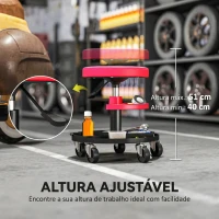 HOMCOM Banco de Oficina Giratório com Rodas Altura Ajustável de 40-51 cm Banco para Mecânico com 2 Bandejas para Ferramentas, Vermelho(m-5)