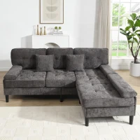 Divano angolare a L in chenille, pouf mobile, cuscini inclusi, 195x149x86 cm, Grigio(m-4)
