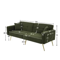 Divano letto con funzione letto, schienale regolabile, gambe dorate, rivestimento in sherpa, 175x64x72 cm, Verde(m-3)