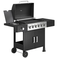 Outsunny Gasbarbecue 17,8 kW 6+1 branders BBQ grillwagen van roestvrij staal incl. wielen zijbrander thermometer emaille grillrooster(m-1)