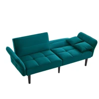 Divano-letto 2-in-1, schienali regolabili, rivestimento in velluto, gambe in legno, 176x78x76 cm, Blu-verde(m-5)