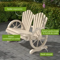 Outsunny Bancă de Grădină cu 2 Locuri, Cotiere în Formă de Roată, Bancă de Exterior din Lemn de Brad, pentru Terasă, Patio și Curte, 108x66x95 cm, Culoare Lemn(m-4)