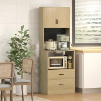 HOMCOM Meuble micro-ondes, buffet, 2 tiroirs, 2 portes, plan de travail, étagère réglable, panneau perforé, 4 crochets, naturel(m-2)