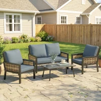 Outsunny 4 Seater Rattan Garden Furniture Set with 2 Armchairs, Loveseat, Coffee Table, Garden Sofa Set with Cushions, Grey(m-2)