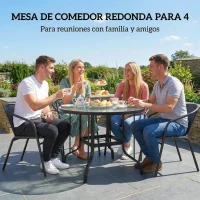 Outsunny Mesa Redonda para Jardín con Orificio para Sombrilla Encimera de Vidrio Estructura Metálica Ø96,5x71 cm Negro(m-6)