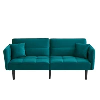 Divano-letto 2-in-1, schienali regolabili, rivestimento in velluto, gambe in legno, 176x78x76 cm, Blu-verde(m-2)