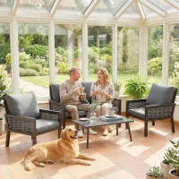 Outsunny 4 Seater Rattan Garden Furniture Set with 2 Armchairs, Loveseat, Coffee Table, Garden Sofa Set with Cushions, Dark Grey(m-9)