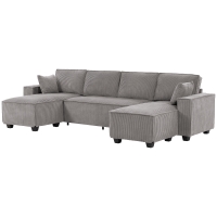 HOMCOM Canapé d'angle avec double chaiselongues, canapé en U en velours côtelé avec assise large et profonde, coussins à ressorts ensachés, Gris clair