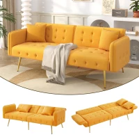 Divano-letto 2 posti, rivestimento in velluto, piedi dorati, 178x82x70 cm, Giallo(m-1)