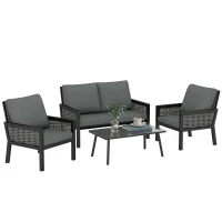 Outsunny 4 Seater Rattan Garden Furniture Set with 2 Armchairs, Loveseat, Coffee Table, Garden Sofa Set with Cushions, Dark Grey(m-10)