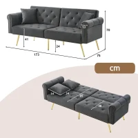 Divano letto 2 posti, rivestimento in velluto, piedi dorati, 173x75x70 cm, Grigio(m-3)