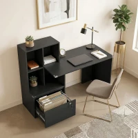 HOMCOM Schreibtisch mit Regal 4 Fächer und abschließbarer Schublade, 126 x 50 x 109 cm, schwarz(m-6)